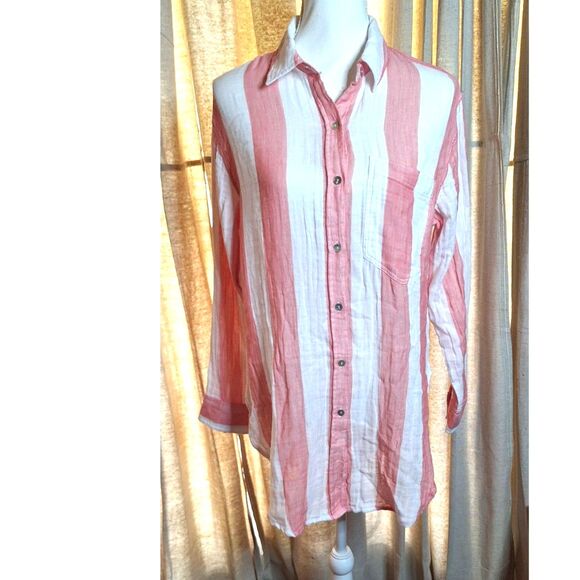 Rails Jaylin Ladies Button Up Long Tail Pink and White Striped Shirt Size S - Picture 1 of 11